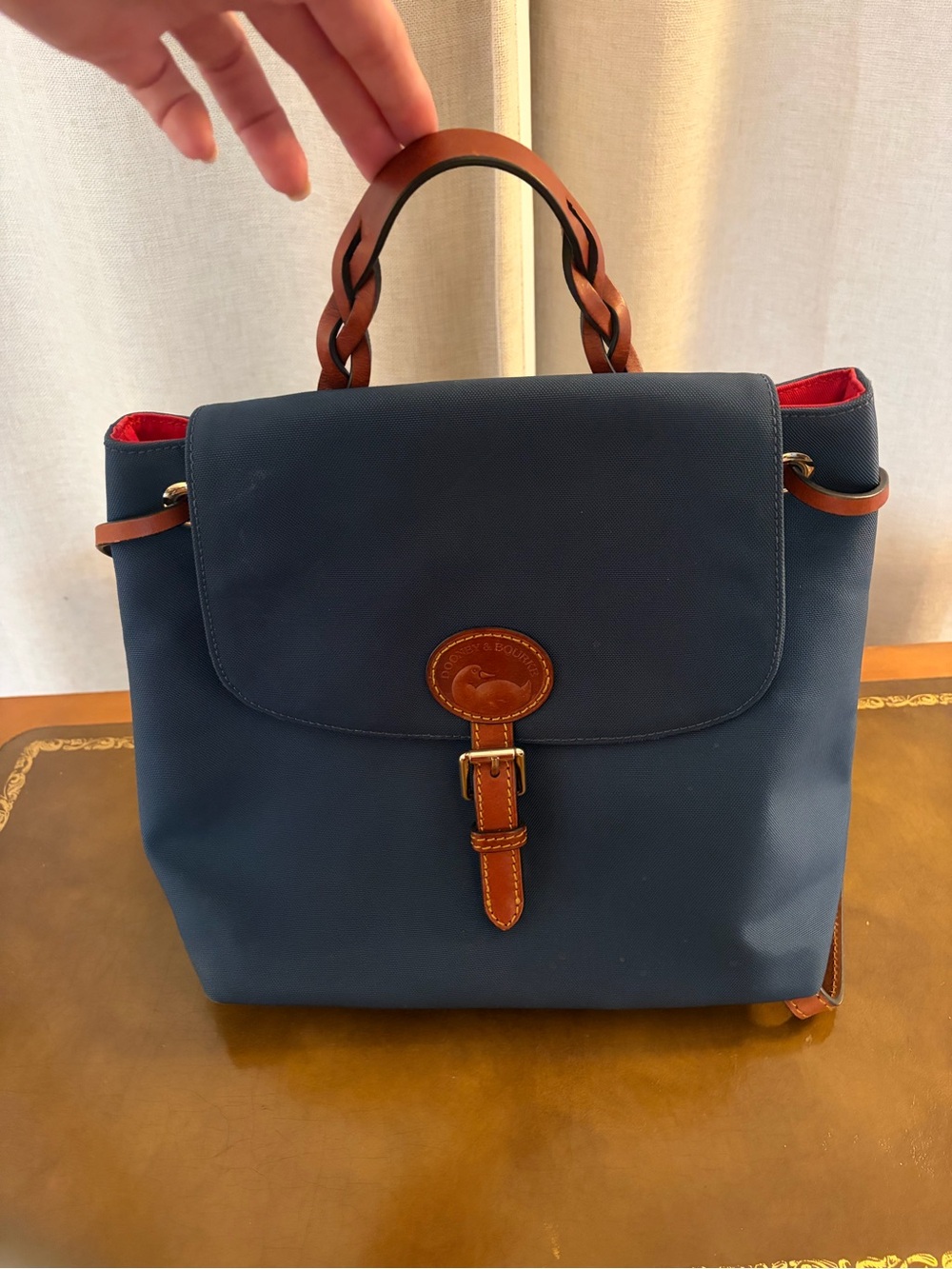 Dooney & Bourke Navy Nylon Satchel with Brown Leather Trim and Red Lining